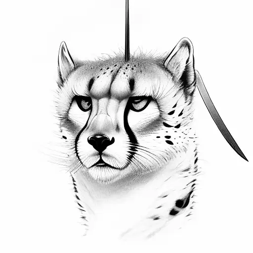 asiatic cheetah full body holding a sword with sun behind it tattoo design idea