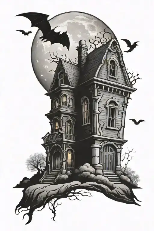 haunted house, graveyard, moon, tree, bats  tattoo design idea