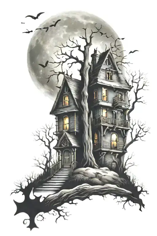 haunted house, graveyard, moon, tree, bats  tattoo design idea