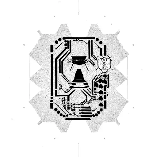 A minimalist circuit board design with intricate Japanese calligraphy spelling out 'hacker' tattoo design idea