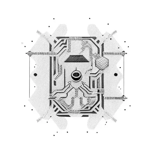 A minimalist circuit board design with intricate Japanese calligraphy spelling out 'hacker' tattoo design idea