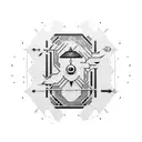 A minimalist circuit board design with intricate Japanese calligraphy spelling out 'hacker' tattoo design idea