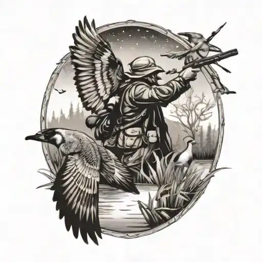 A detailed hunting scene with a hunter aiming at pintail ducks in a dotwork style tattoo design idea