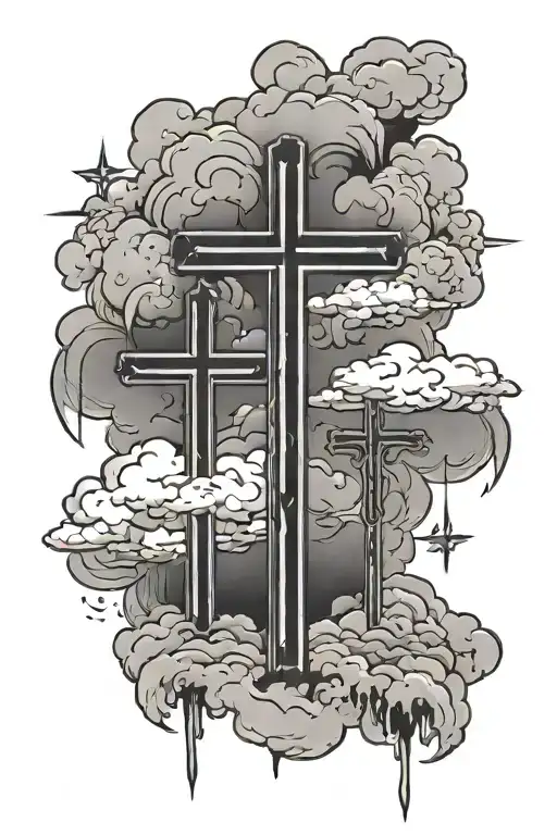 three crosses with clouds surrounding tattoo design idea