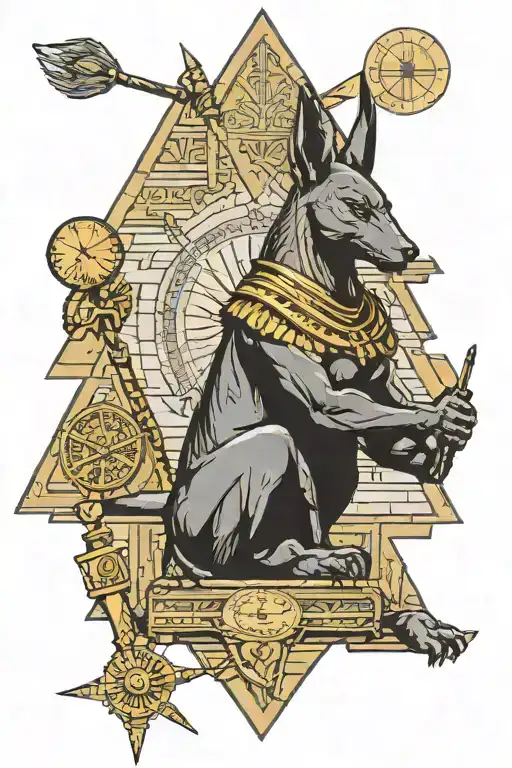 in the background there is a broken clock, in front of them stands the god Anubis holding a staff, below him stands a pyramid with an all-seeing eye tattoo design idea