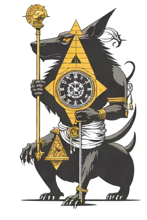 in the background there is a broken clock, in front of them stands the god Anubis holding a staff, below him stands a pyramid with an all-seeing eye tattoo design idea