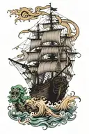 kraken taking down pirate ship sailing tattoo design idea