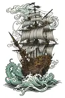 kraken taking down pirate ship sailing tattoo design idea