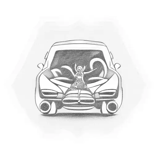 A blackwork tattoo of a car with a silhouette of a family inside tattoo design idea