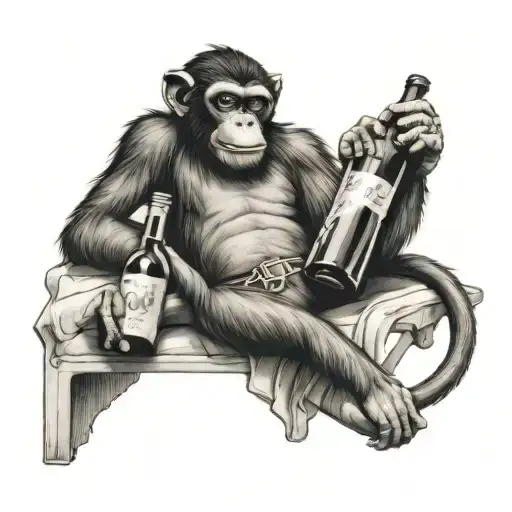 A monkey lounging on a mattress with a bottle of wine in hand tattoo design idea