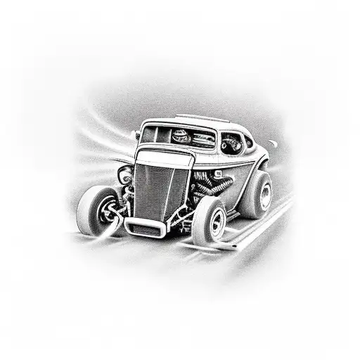 A hotrod car with intricate bulldozer-inspired details, speeding down a highway tattoo design idea
