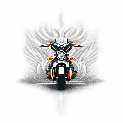 A sleek and detailed Victory Magnum motorcycle surrounded by flames, with a bulldozer in the background tattoo design idea