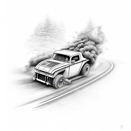 A hotrod car with intricate bulldozer-inspired details, speeding down a highway tattoo design idea