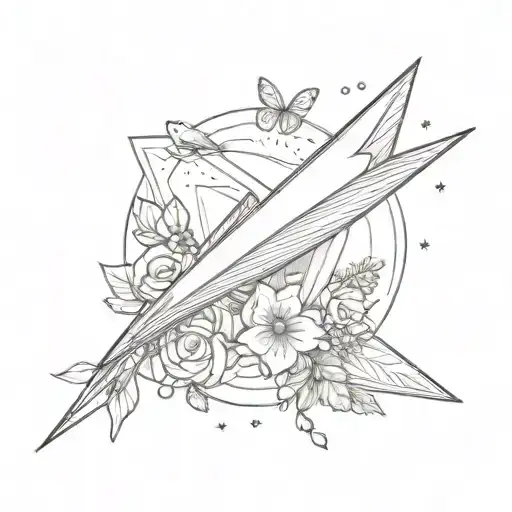 paper airplane flying with a heart shape surrounded by fine line flowers  on forearm tattoo design idea