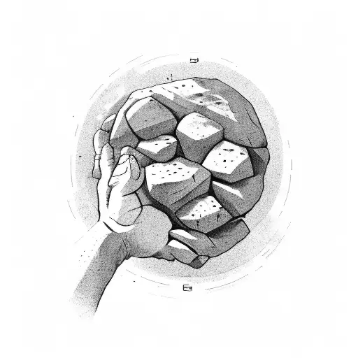 A close-up perspective of Sisyphus' determined face and hands, pushing the boulder upwards. The rock's texture is detail tattoo design idea