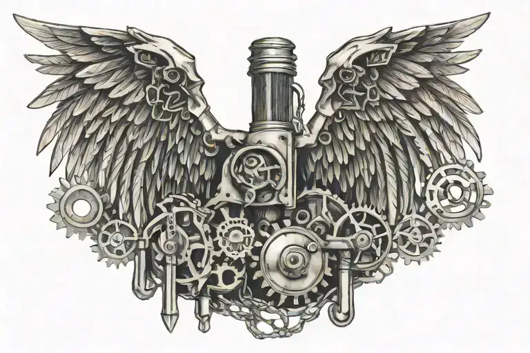 wings with spanners and pistons chains and gears incorporated tattoo design idea
