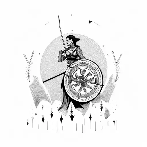 tired but proud Woman Gladiator with an arrow hitting the shield tattoo design idea