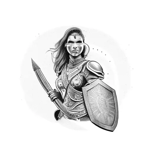 tired but proudWoman Gladiator who holding a shield tattoo design idea