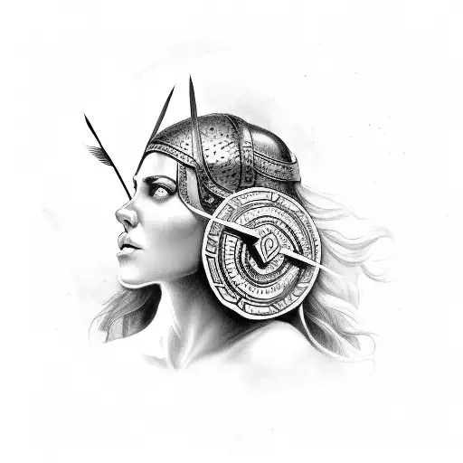 tired but proud Woman Gladiator with an arrow hitting the shield tattoo design idea