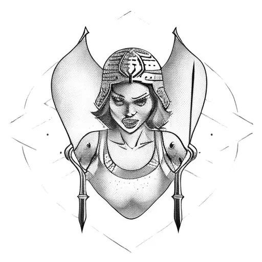 tired but proud Woman Gladiator with an arrow hitting the shield tattoo design idea