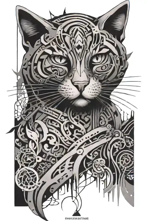 An abstract black and grey tattoo design representing the interconnectedness of nature, video games, and IT technology, with a central motif of a cat symbolizing curiosity and exploration tattoo design idea