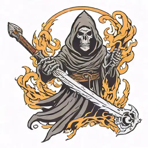 grim reaper with flames behind it and sword  tattoo design idea
