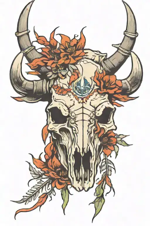 bison bill skull with Indian paint brush tattoo design idea