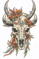bison bill skull with Indian paint brush tattoo design idea