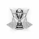 William Webb Ellis trophy surrounded by intricate rugby-themed patterns tattoo design idea