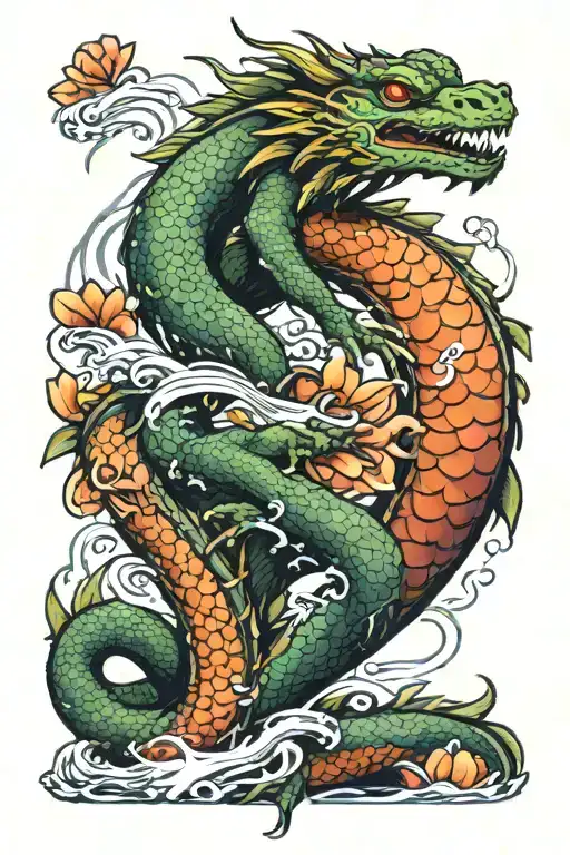 Japanese Water Dragon holding a Koi Fish tattoo design idea