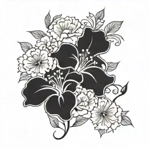 leg tattoo, carnations, music, sunny tattoo design idea