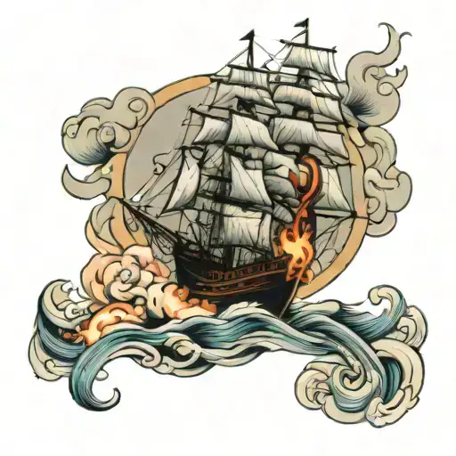 delicate tall ship Burn the ships sailing towards tattoo design idea