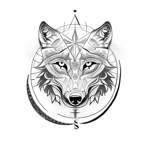 A compass with intricate wolf and moon patterns, representing the journey of a trader tattoo design idea