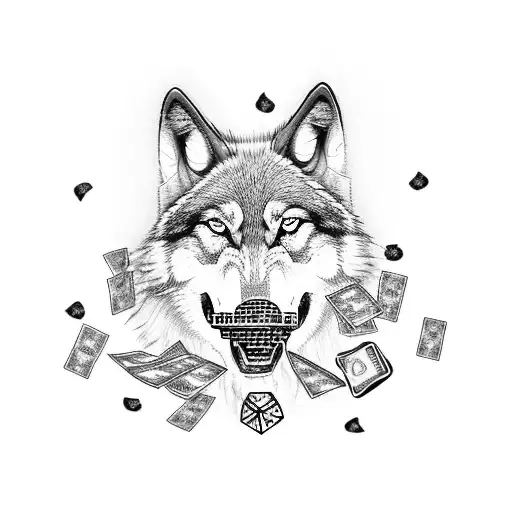 A howling wolf with a money bag in its mouth, surrounded by trading cards and dice tattoo design idea
