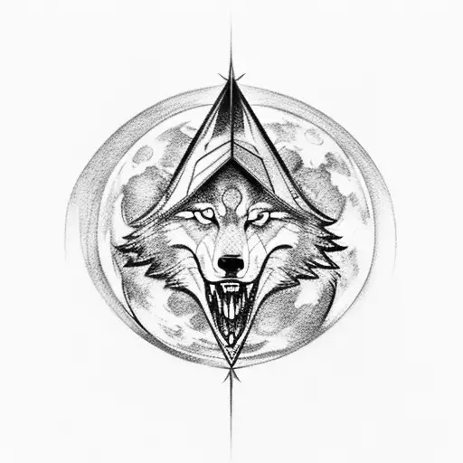 A wolf howling at a full moon with a compass rose in its eyes tattoo design idea