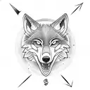 A wolf howling at a full moon with a compass rose in its eyes tattoo design idea