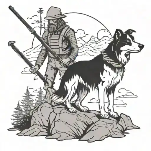 collie and fly fisherman skeleton in mountains tattoo design idea