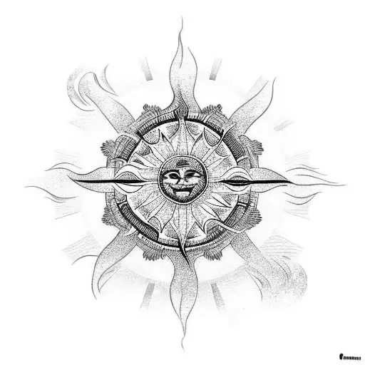 A tribal sun with meditation , travel and passion as theme  tattoo design idea