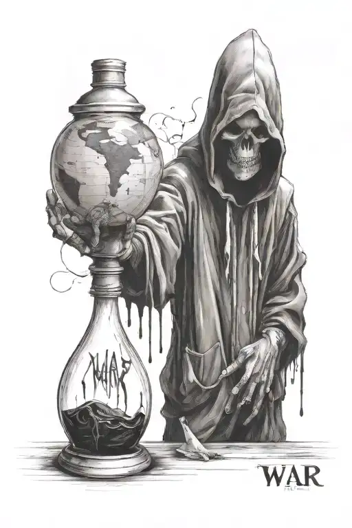 death in a hood stands over the globe, in his hands he holds a bottle with the inscription "war" and pours black liquid from this bottle tattoo design idea