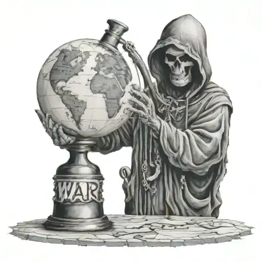 death in a hood stands over the globe, in his hands he holds a bottle with the inscription "war" and pours black liquid from this bottle tattoo design idea