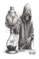 death in a hood stands over the globe, in his hands he holds a bottle with the inscription "war" and pours black liquid from this bottle tattoo design idea