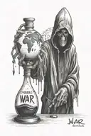 death in a hood stands over the globe, in his hands he holds a bottle with the inscription "war" and pours black liquid from this bottle tattoo design idea