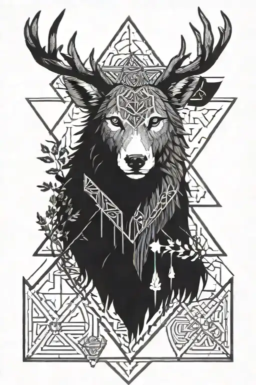 A combination of forest animals and runic symbols in a geometric blackwork design tattoo design idea