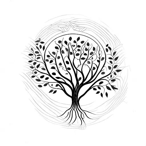 Graphic representation of the Tree of Life from the Garden of Eden, with lush foliage and colorful fruits tattoo design idea