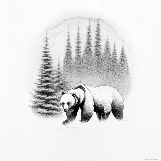 A serene forest scene with a bear peacefully roaming tattoo design idea