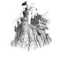 A castle perched on a cliff overlooking a wild landscape tattoo design idea