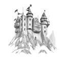 A castle perched on a cliff overlooking a wild landscape tattoo design idea