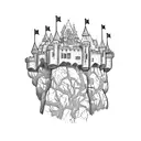 A castle perched on a cliff overlooking a wild landscape tattoo design idea