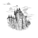 A castle perched on a cliff overlooking a wild landscape tattoo design idea