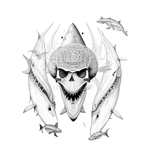 An intricate dotwork design featuring a school of sharks circling around a skull tattoo design idea